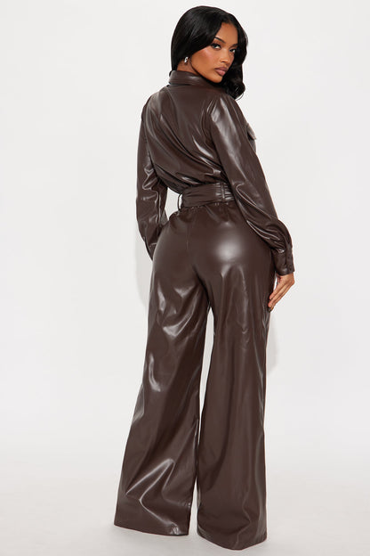 New York City Faux Leather Jumpsuit - Brown