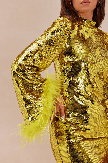 Robyn Sequin Feathered Long Sleeve Mini Dress - Chartreuse