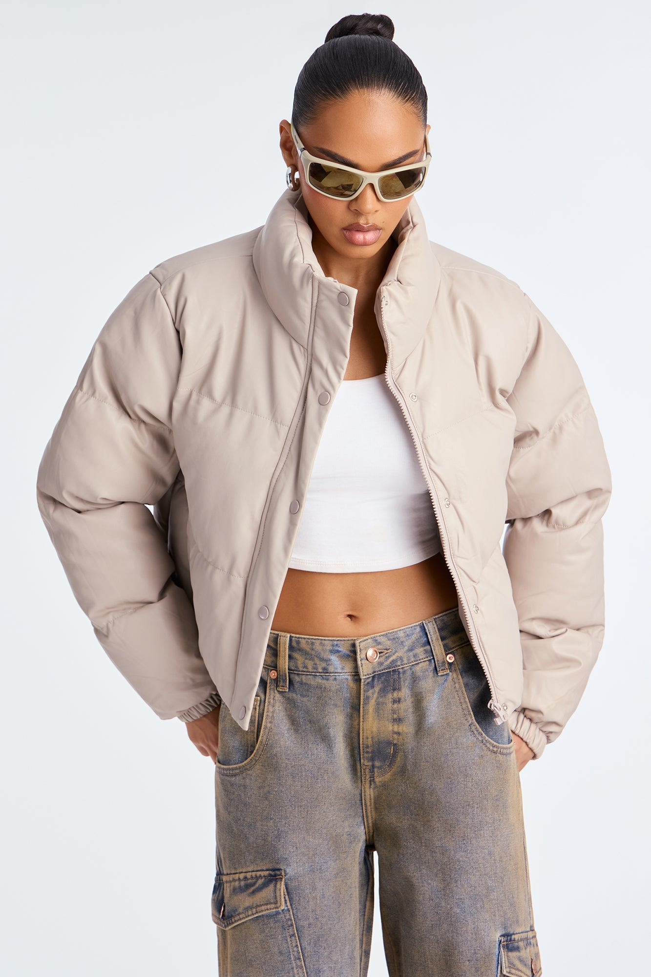 Big Dreams Faux Leather Puffer Jacket - Taupe