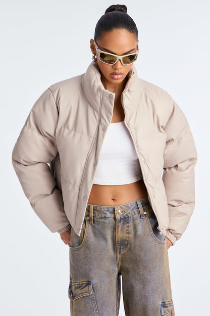 Big Dreams Faux Leather Puffer Jacket - Taupe