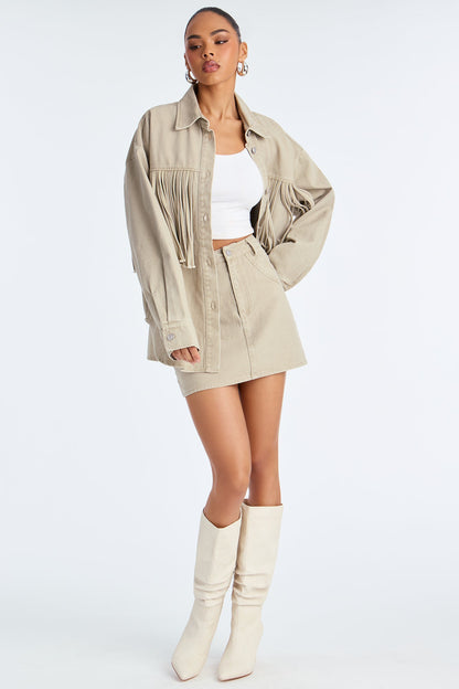 Off The Grid Twill Fringe Jacket Skirt Set - Taupe