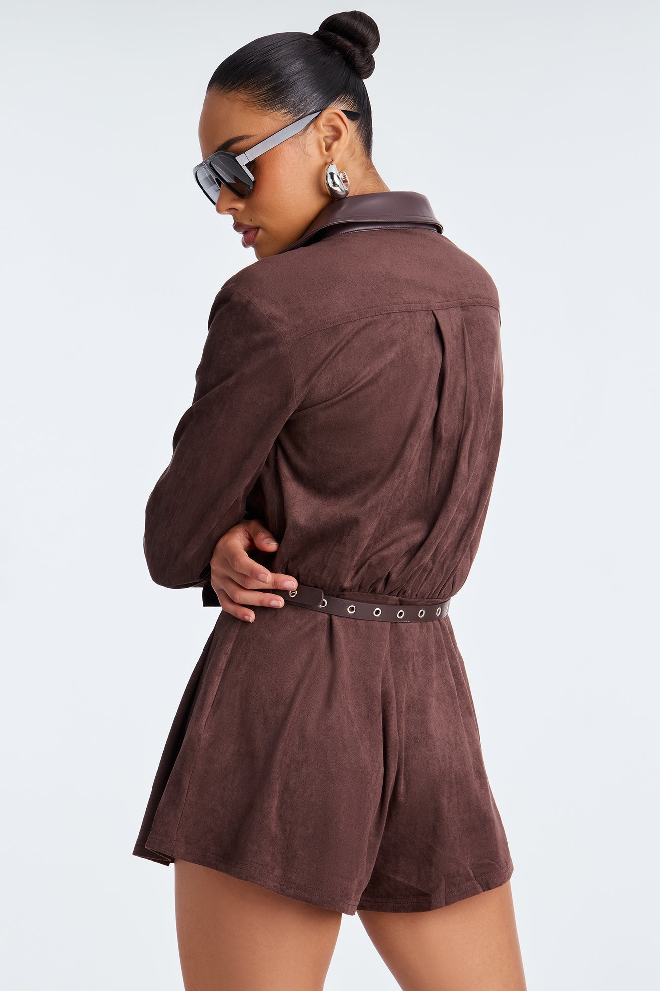 Perla Belted Faux Suede Romper - Brown