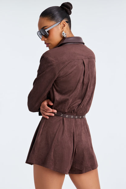 Perla Belted Faux Suede Romper - Brown