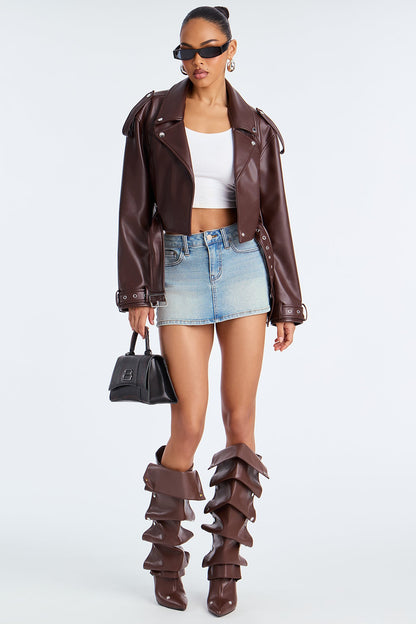 Fast Lane Faux Leather Moto Jacket - Brown