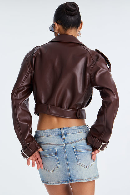 Fast Lane Faux Leather Moto Jacket - Brown