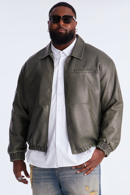 Relaxed Faux Leather Blurred Lines Zip Jacket - Green