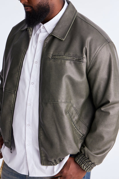 Relaxed Faux Leather Blurred Lines Zip Jacket - Green