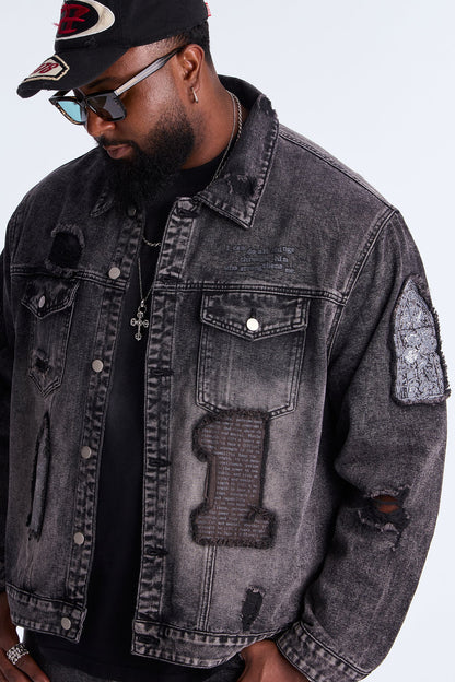In Due Time Patched Distressed Denim Trucker Jacket - Black Wash