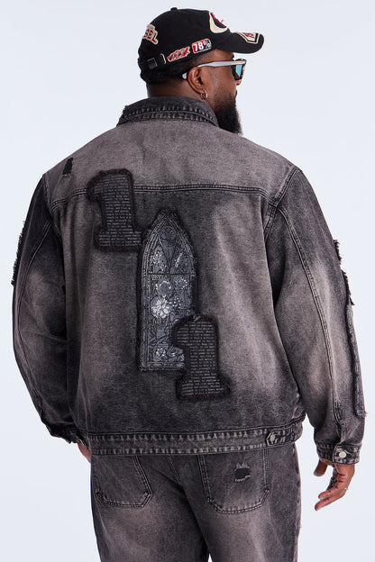 In Due Time Patched Distressed Denim Trucker Jacket - Black Wash
