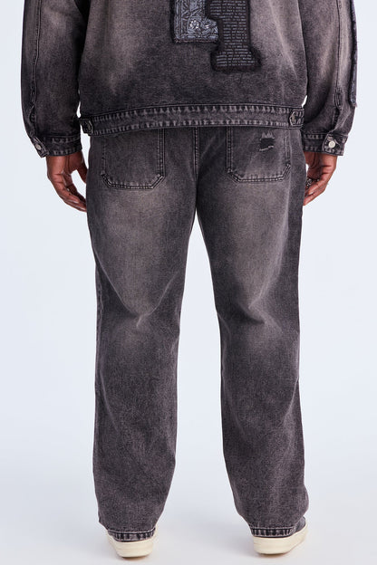 Straight In Due Time Distressed Patch Jean - Black Wash