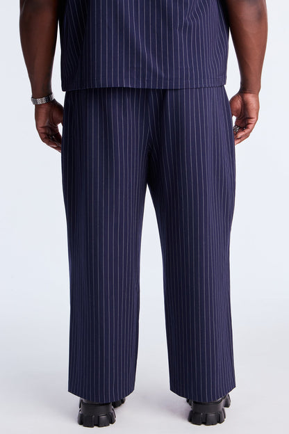 Wide Leg Straight Striped Double Pleated Trouser - Navy