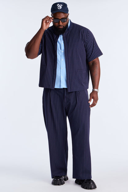 Wide Leg Straight Striped Double Pleated Trouser - Navy