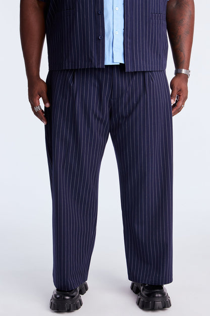 Wide Leg Straight Striped Double Pleated Trouser - Navy