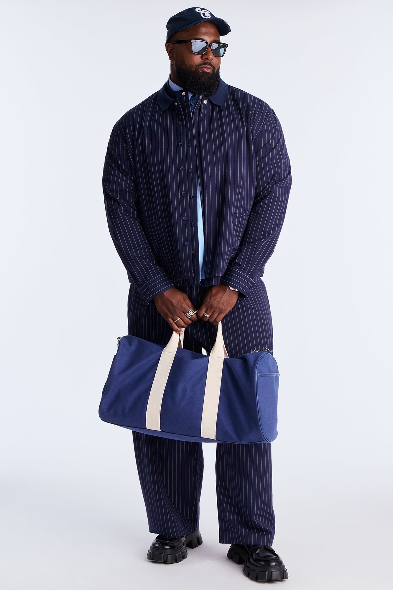 Straight Striped Elevated Shirt Jacket - Navy