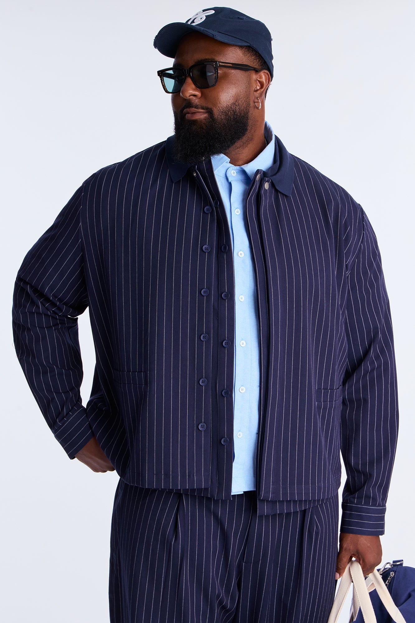 Straight Striped Elevated Shirt Jacket - Navy