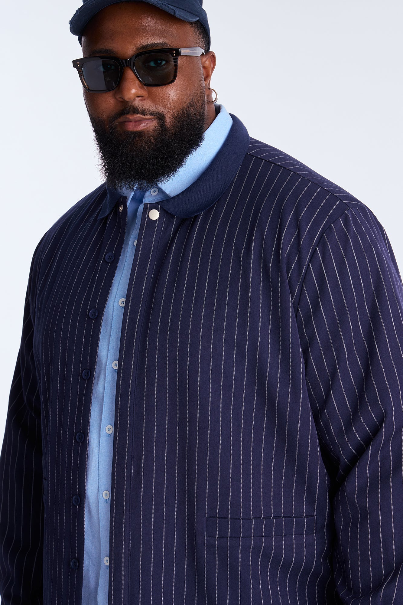 Straight Striped Elevated Shirt Jacket - Navy