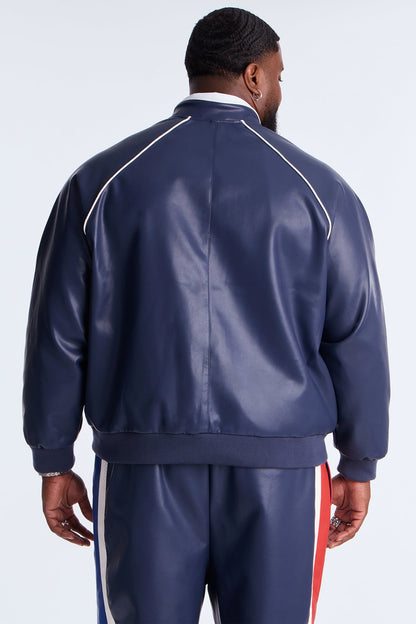 King Faux Leather Moto Bomber Jacket - Navy/combo