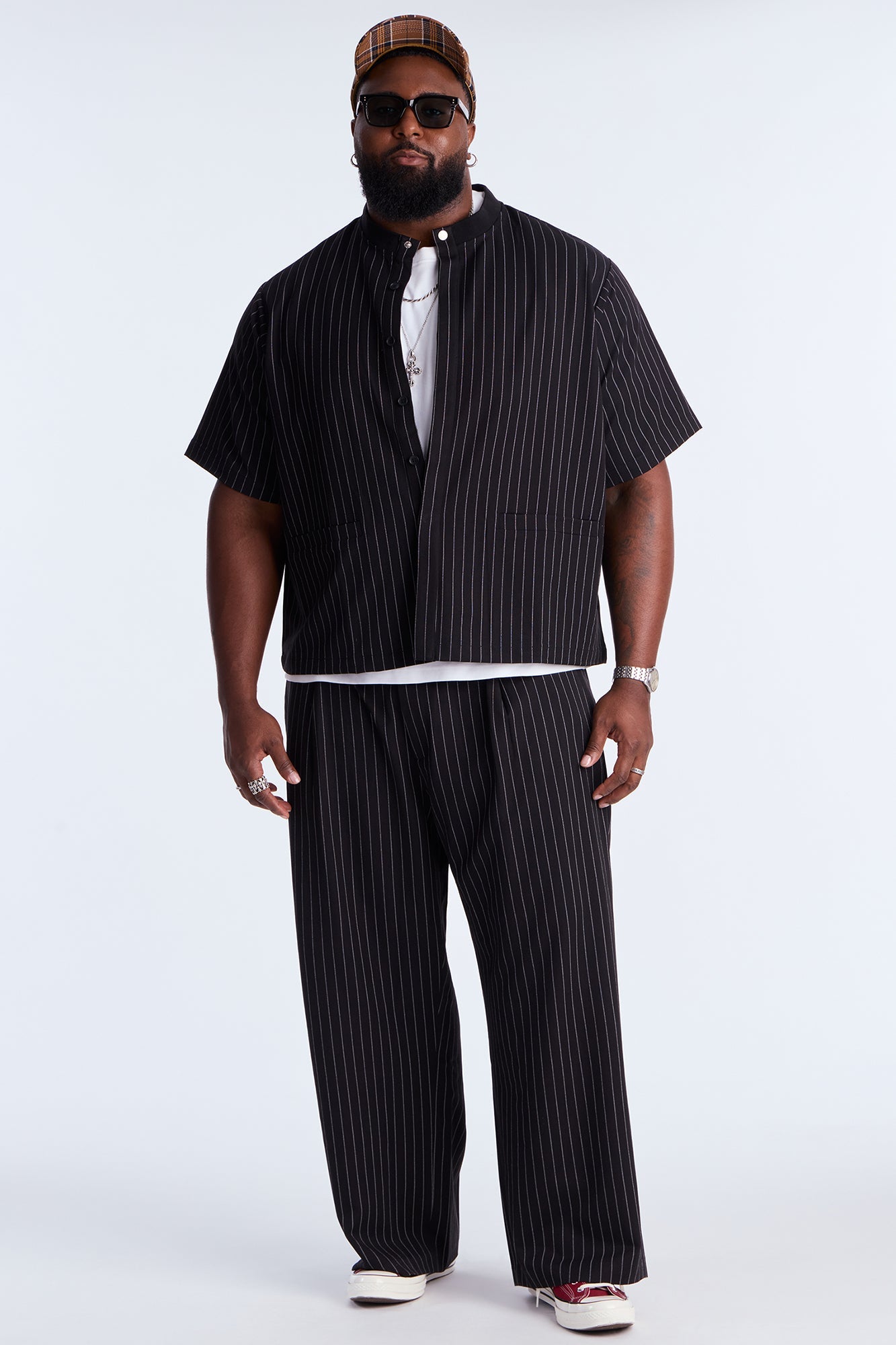 Straight Striped Mandarin Short Sleeve Shirt - Black