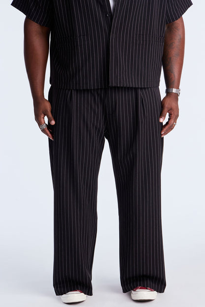 Wide Leg Straight Striped Double Pleated Trouser - Black