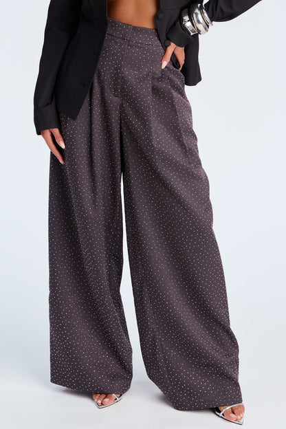 Eyes On Me Rhinestone Wide Leg Pant 32″ - Charcoal
