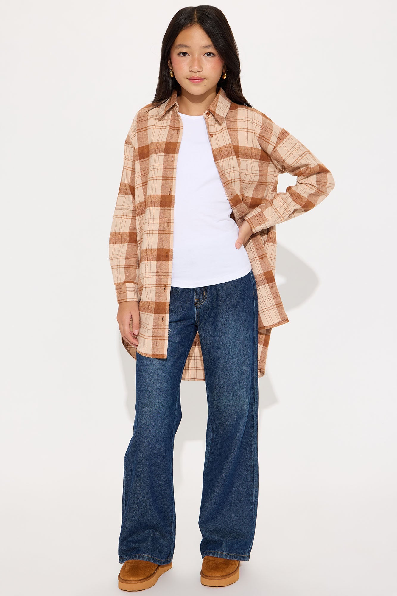 Mini Call It Even Over Sized Plaid Top - Brown/combo