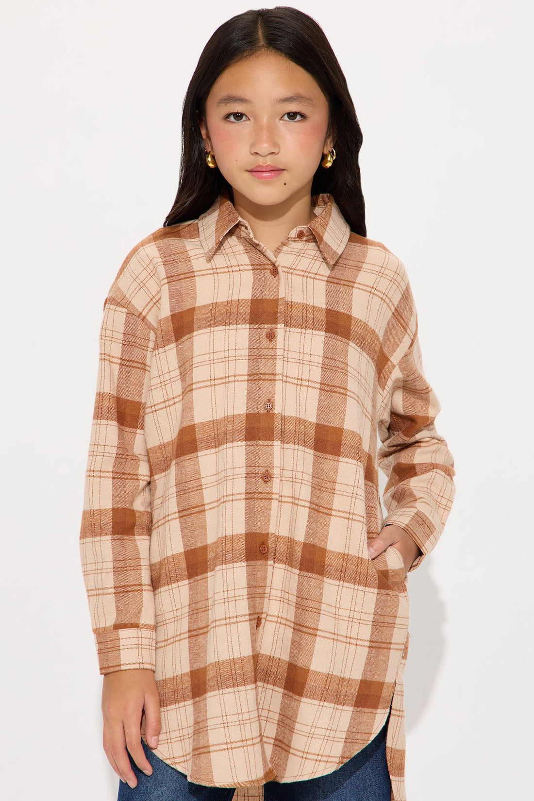 Mini Call It Even Over Sized Plaid Top - Brown/combo