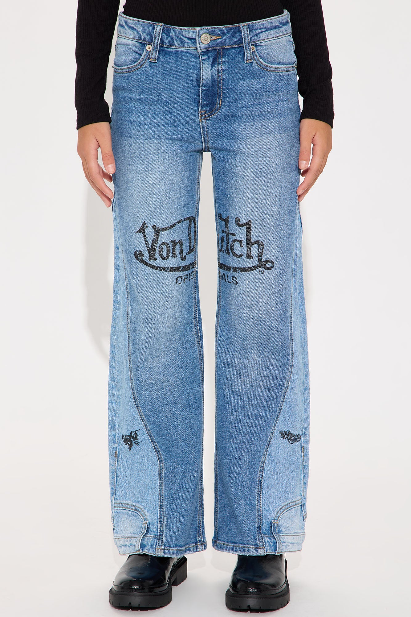 Mini Von Dutch Two Tone Reconstructed Wide Leg Jeans - Medium Wash