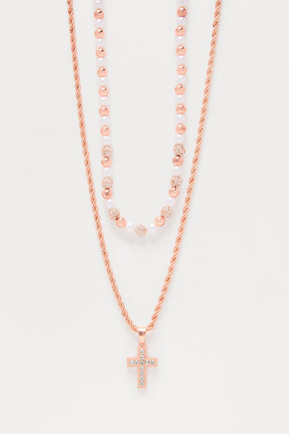 Iced Pearl Cross Necklace Set - Rose Gold
