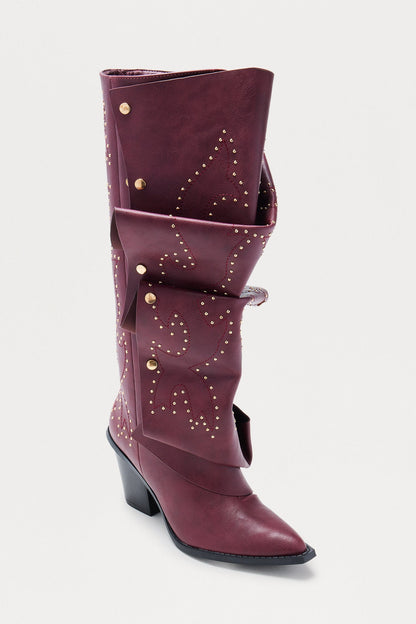 Armor Studded Knee High Boots - Burgundy