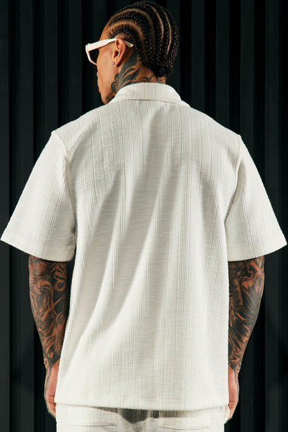 Dean Textured Short Sleeve Button Up Shirt - White