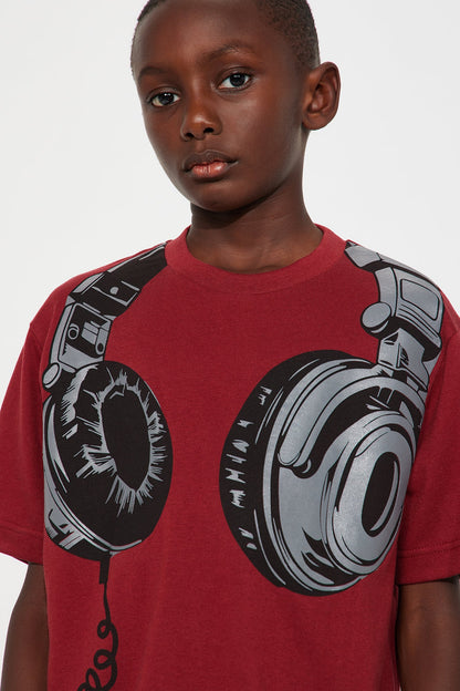 Mini Music Heals Print T-Shirt - Burgundy