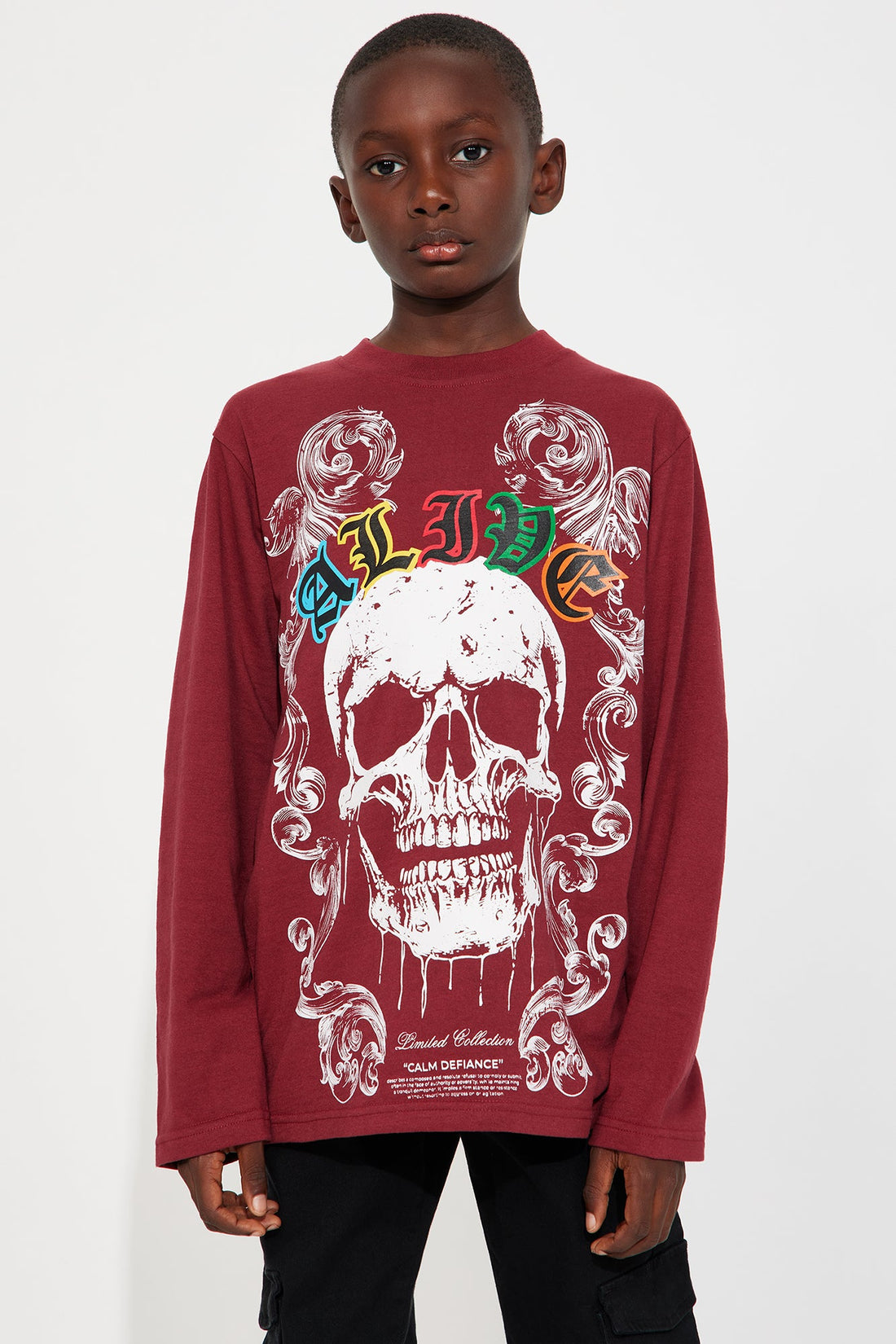 Mini Skull Front &amp; Back Screen Long Sleeve Tee - Burgundy