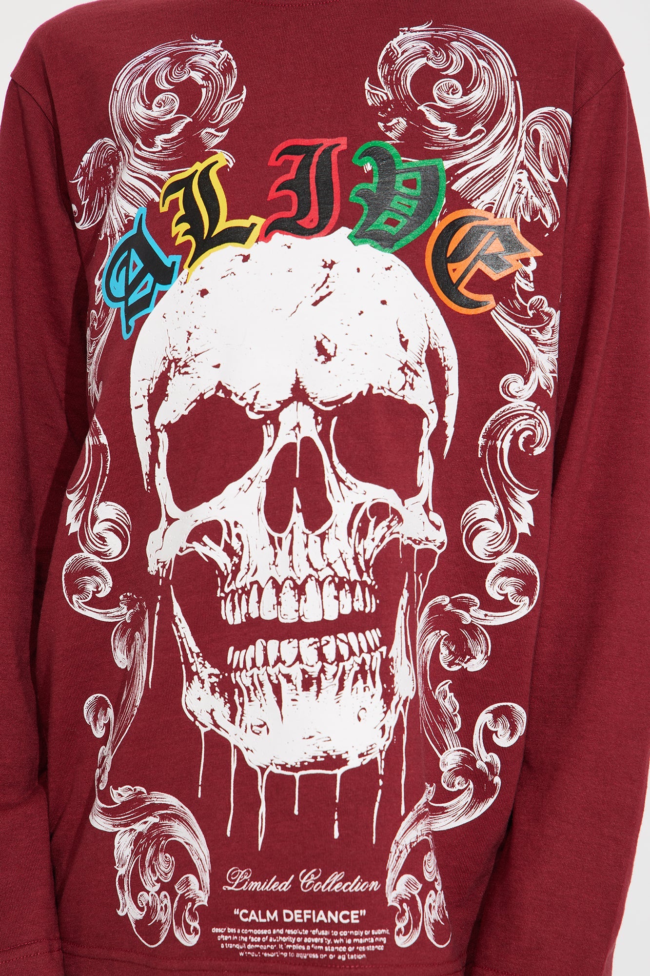 Mini Skull Front &amp; Back Screen Long Sleeve Tee - Burgundy