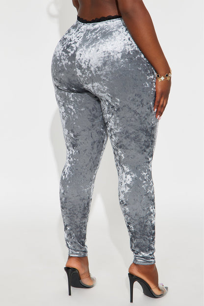 Valentina Solid Lace Trim Hammered Velvet Legging - Silver
