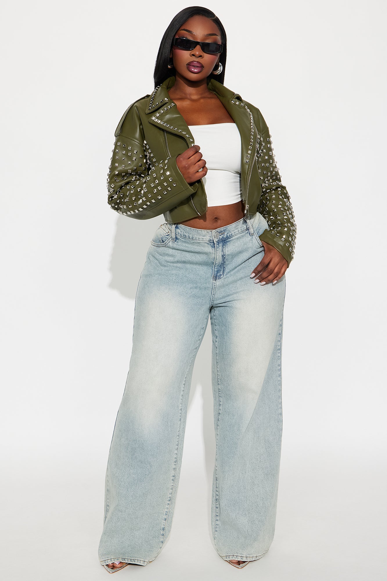 On Tour Studded Faux Leather Moto Jacket - Olive