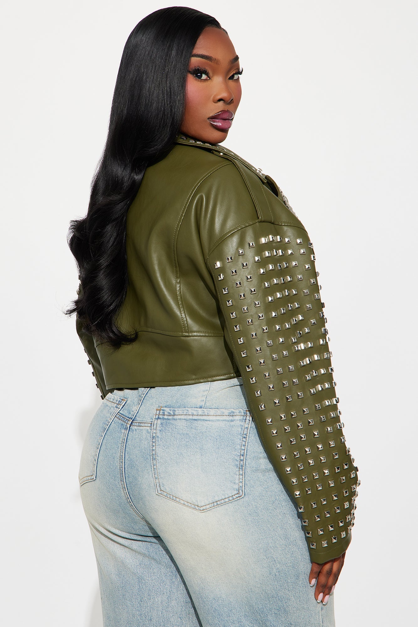 On Tour Studded Faux Leather Moto Jacket - Olive