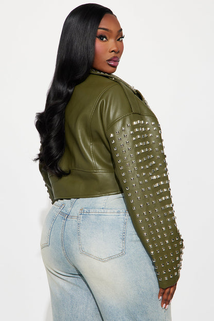 On Tour Studded Faux Leather Moto Jacket - Olive