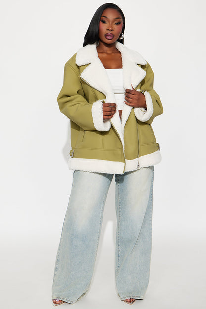 Simone Faux Leather Fur Lined Moto Jacket - Olive