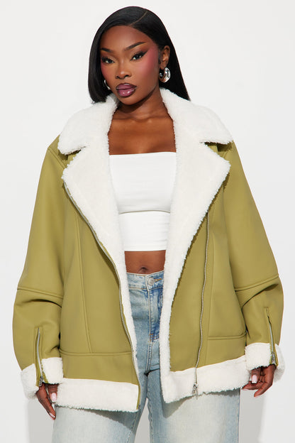 Simone Faux Leather Fur Lined Moto Jacket - Olive