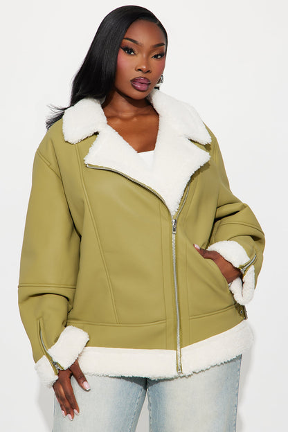 Simone Faux Leather Fur Lined Moto Jacket - Olive