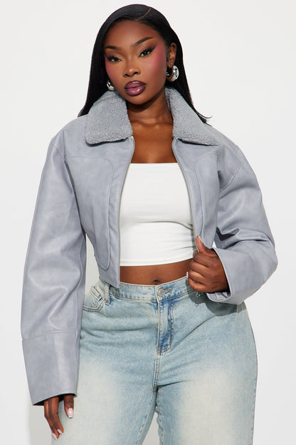 Fly High Faux Leather Cropped Jacket - Grey