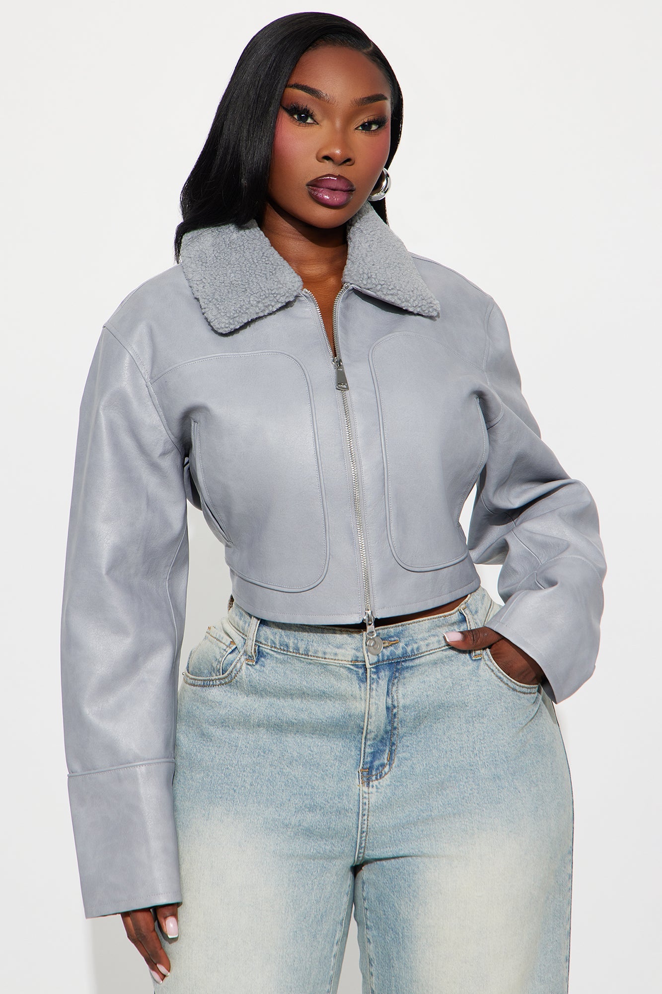 Fly High Faux Leather Cropped Jacket - Grey