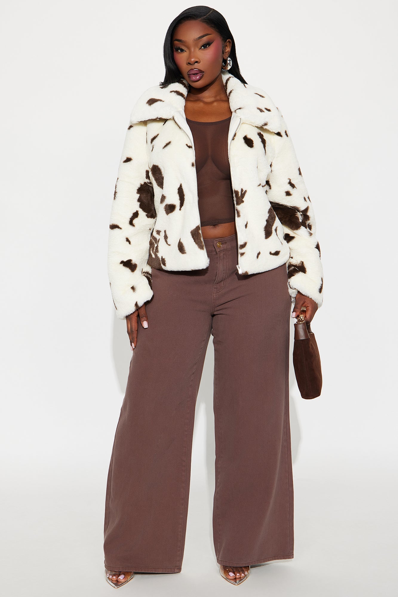 Nashville Nights Cow Print Faux Fur Coat - Brown/combo