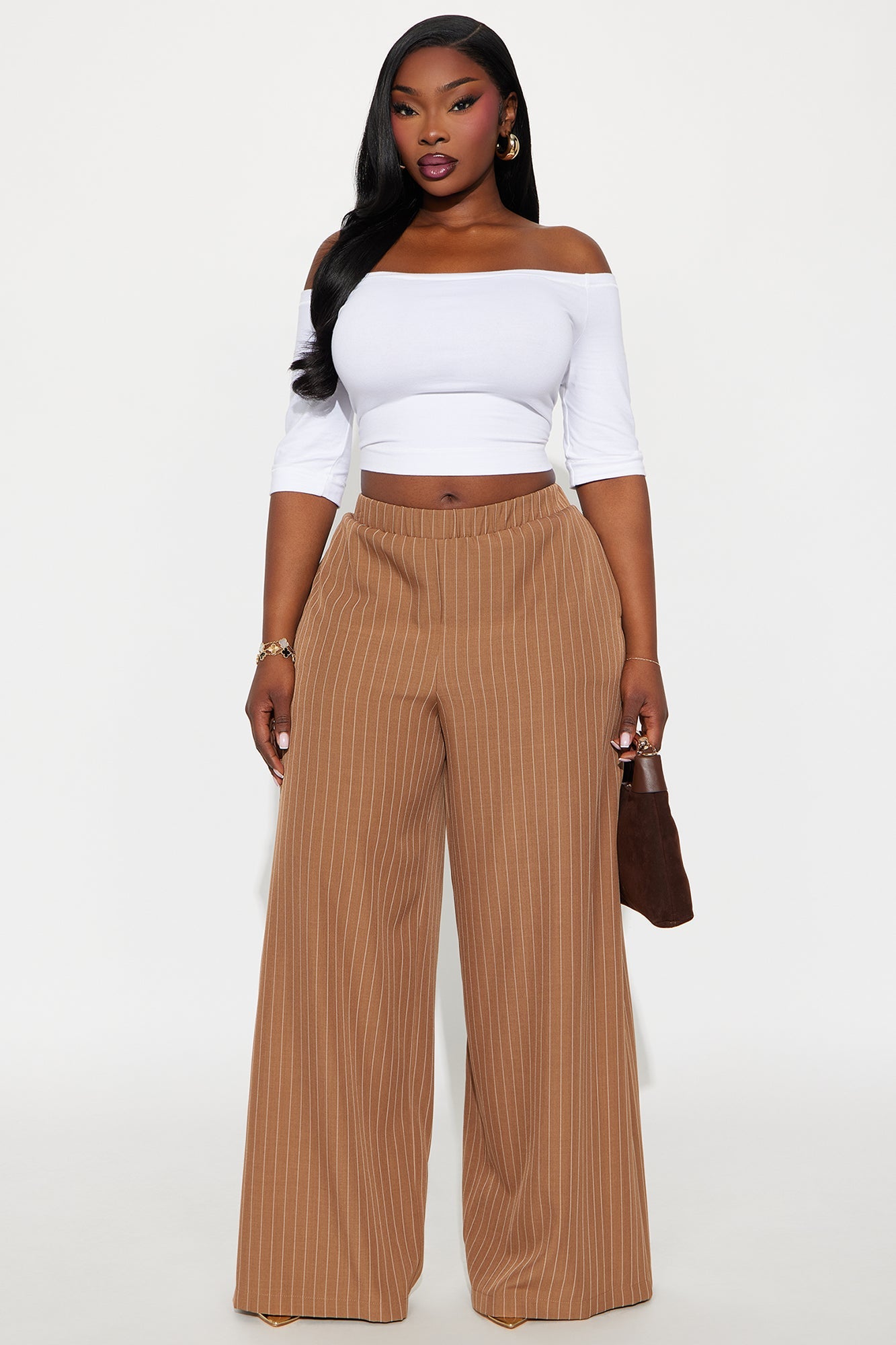 Easy To Wear Pinstripe Wide Leg Pant 32″ - Mocha