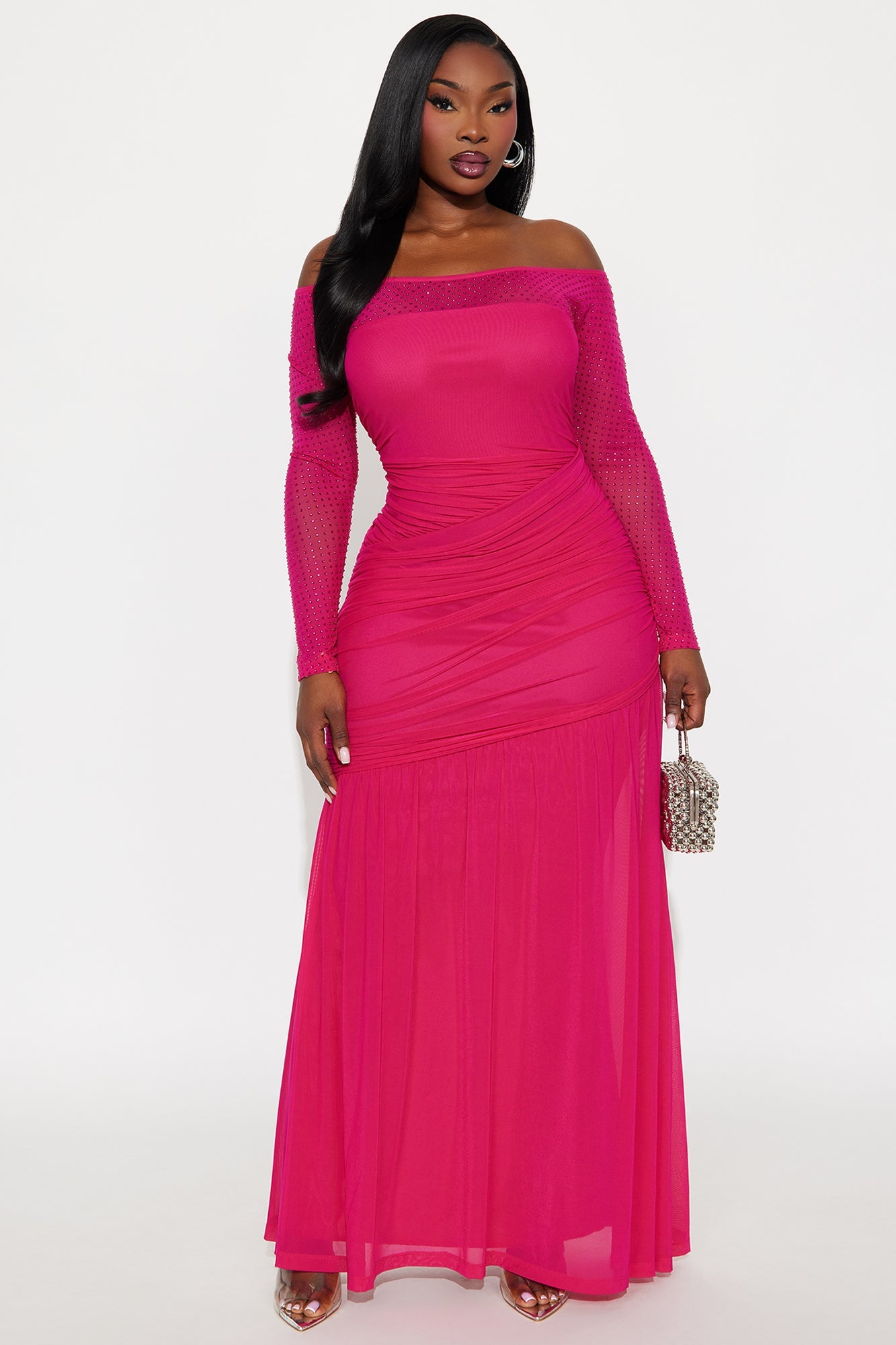 Krystal Embellished Mesh Maxi Gown - Pink
