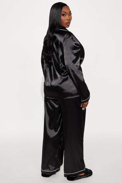 Bedtime Stretch Satin Long Sleeve PJ Pant Set - Black