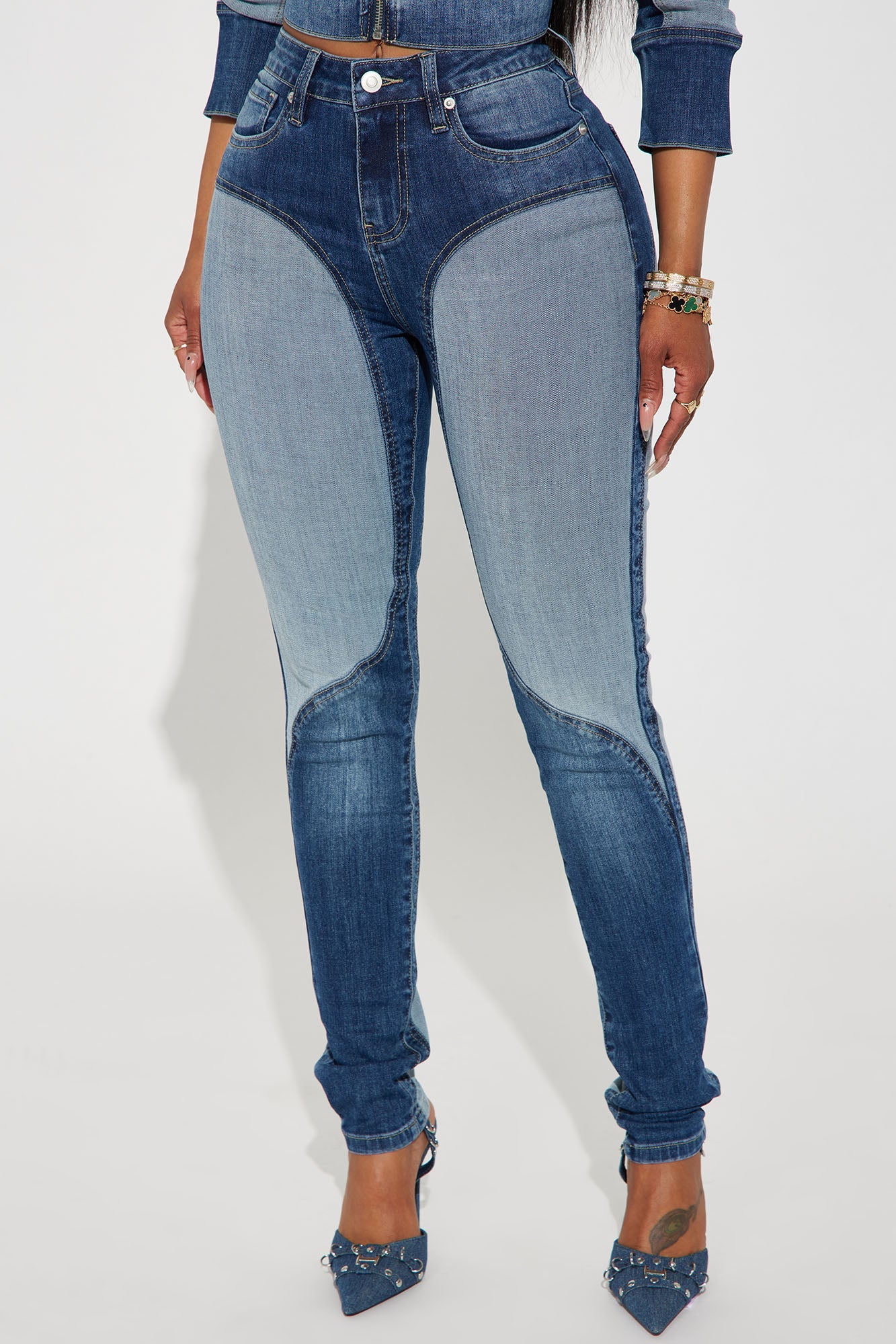 Coronado Two Tone Moto Skinny Jeans - Medium Wash