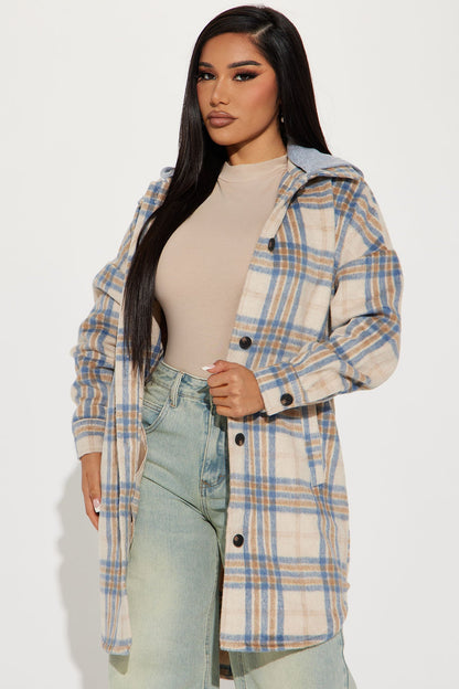 Veronica Hooded Plaid Shacket - Blue/combo