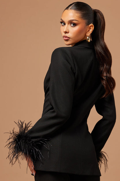 Clarissa Feather Blazer Suit Set - Black