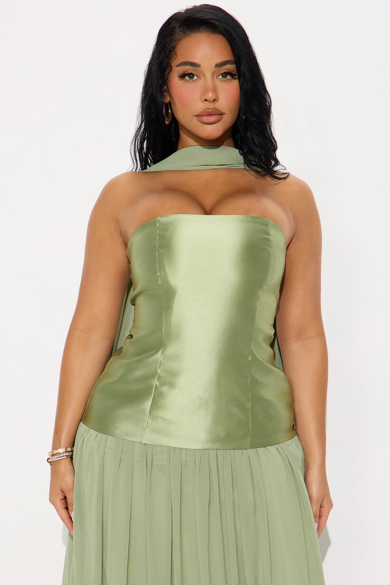 Wildly Graceful Satin Scarf Gown - Sage